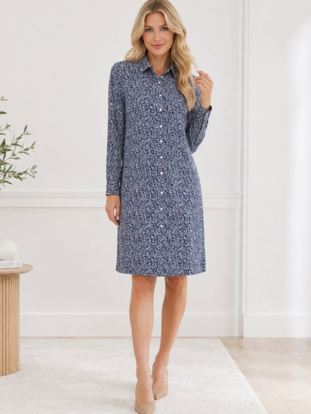Brooks Brothers Navy White Floral Shirt Dress Cotton Button Front Long Sleeve 6